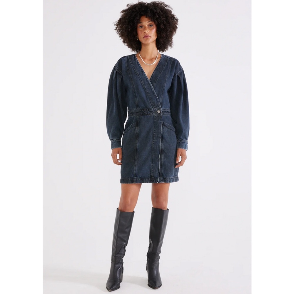 Etica Anthropologie The Mira Denim Wrap Mini Dress Volume Sleeves Size SMALL‎